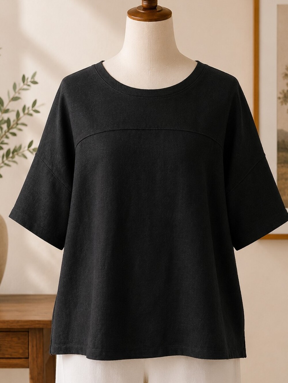 TitleJ.Jill Linen Blend Top Black Half Sleeve Drop Shoulder Medium Petite